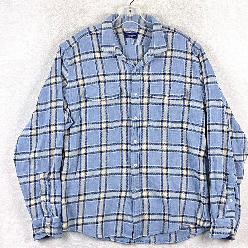 Proper Cloth Flannel Shirt Men XL Blue Plaid Tailored Heavyweight Preppy Classic